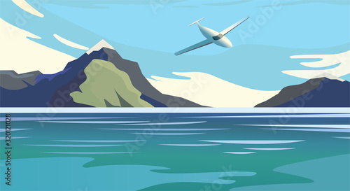 Flat vector web banners on the theme of travel by airplane, vacation, adventure. Flight in the stratosphere. Takeoff over the unbelievable mountain landscape. Exciting view. A great mountain is