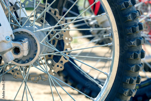 close-up of the front wheel of a racing cross-country