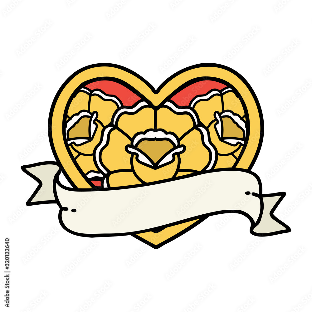 traditional tattoo of a heart and banner with flowers traditional tattoo of a heart and banner with flowers