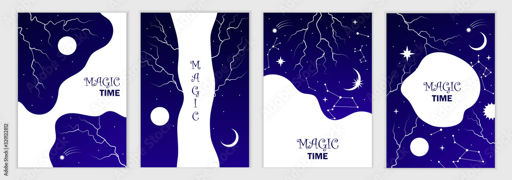 Set of dark magic templates for banners, posters, cards, flyers, covers. Night sky with lightning and stars. Vector illustration.