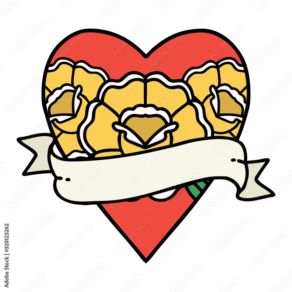 traditional tattoo of a heart and banner with flowers traditional tattoo of a heart and banner with flowers