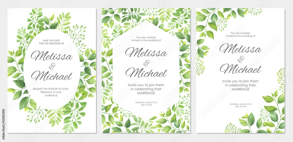 Wedding invitation with green leaves border. Floral invite card template set. Vector illustration.. Wedding invitation with green leaves border. Floral invite card template set. Vector illustration..