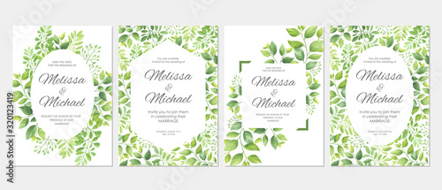 Wedding invitation with green leaves border. Floral invite card template set. Vector illustration..