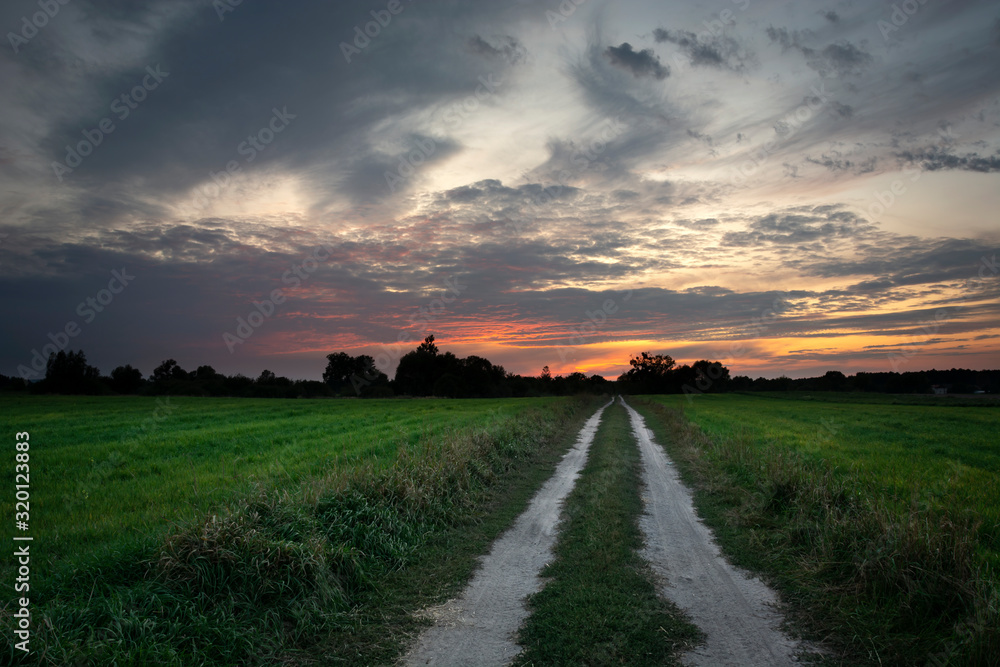 Fototapeta premium Dirt road and around green fields, beauty clouds after sunset on the sky