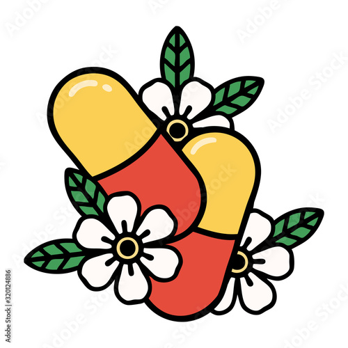 traditional tattoo of pills and flowers