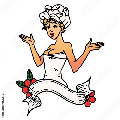 tattoo of a pinup girl in towel with banner