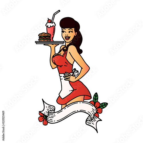tattoo of a pinup waitress girl with banner