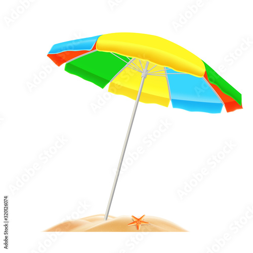 Colored umbrella in the sand on the beach, sun protection, element for design, vector illustration.