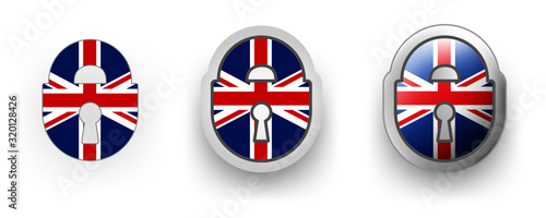 6 United Kingdom (UK) vector icons - button shield and gear, flat and volumetric style in flag colors blue, red, white for flyer any holiday design or poster