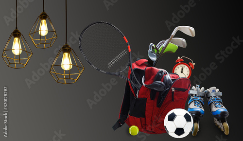 Obraz na plátně Sports equipment has fallen down backpack sports tools