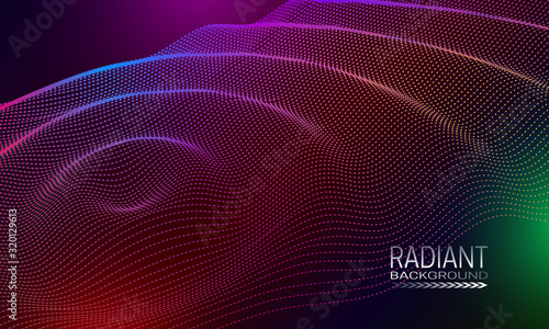 Radiant wavy background design with multicoloured dots and lines array. Abstract cyberspace background.