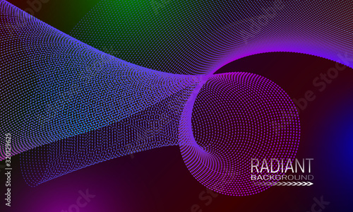 Radiant futuristic background design with multicoloured dots and lines array. Abstract space curvature background.