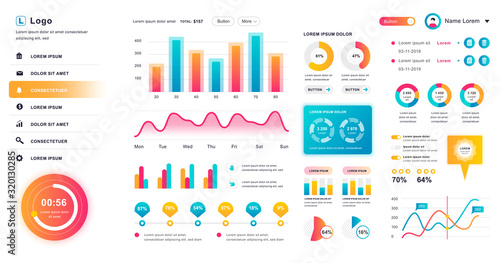 Dashboard UI. Admin panel vector design template with infographic elements, HUD diagram, info graphics. Website dashboard for UI and UX design web page. Vector illustration.