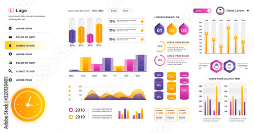Dashboard UI. Admin panel vector design template with infographic elements, HUD diagram, info graphics. Website dashboard for UI and UX design web page. Vector illustration.