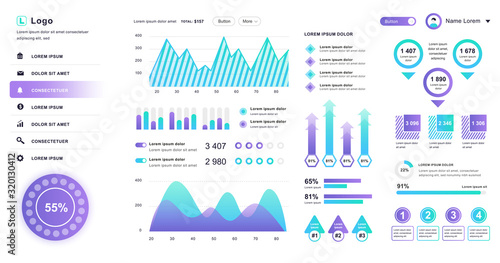 Dashboard UI. Admin panel vector design template with infographic elements, HUD diagram, info graphics. Website dashboard for UI and UX design web page. Vector illustration.