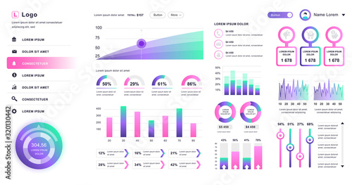 Dashboard UI. Admin panel vector design template with infographic elements, HUD diagram, info graphics. Website dashboard for UI and UX design web page. Vector illustration.