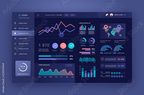 Dashboard UI. Admin panel vector design template with infographic elements, HUD diagram, info graphics. Website dashboard for UI and UX design web page. Dark style. Vector illustration.