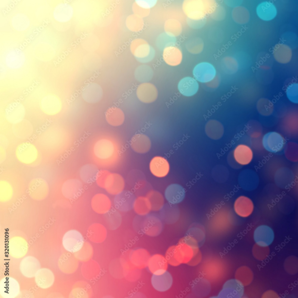 Bokeh sequins background. Red blue yellow abstract texture. Confetti blurred template. Garland lights defocused pattern.