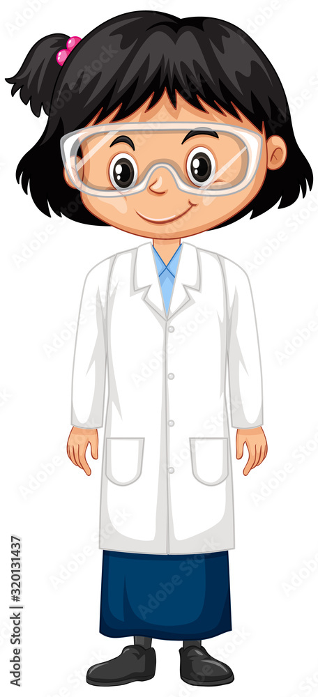 Girl wearing lab gown on white background