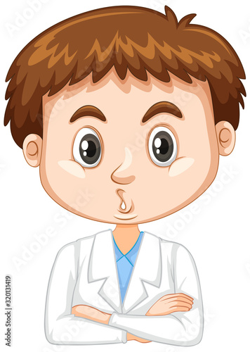 Cute boy in lab gown on white background