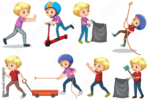 Boy doing different activities on white background