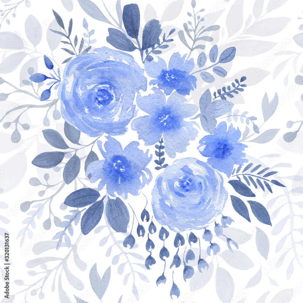 Fototapeta premium Watercolor seamless pattern of flowers and leaves