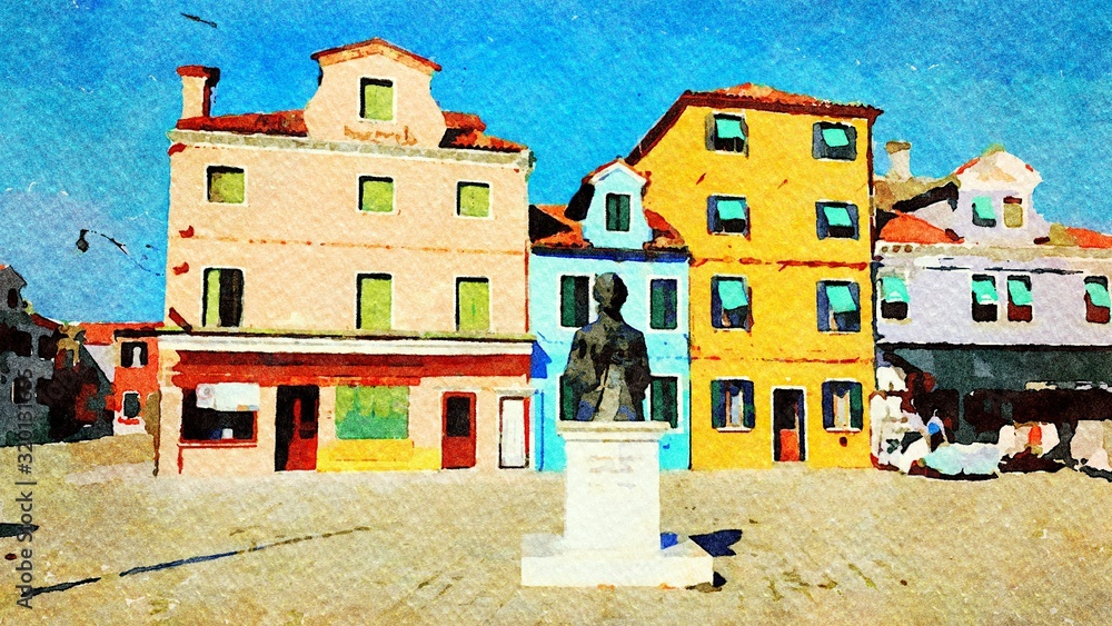 the main square with the statue in Burano in Venice