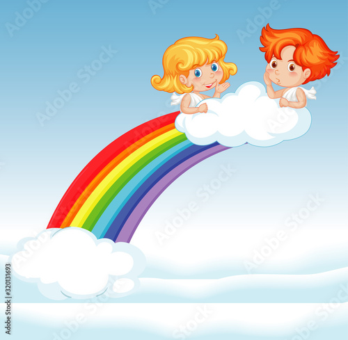 Scene with two cupids on the rainbow
