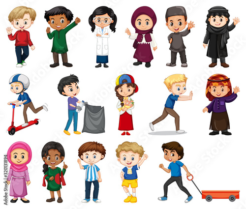 Large set of boys and girls doing different activity on white background