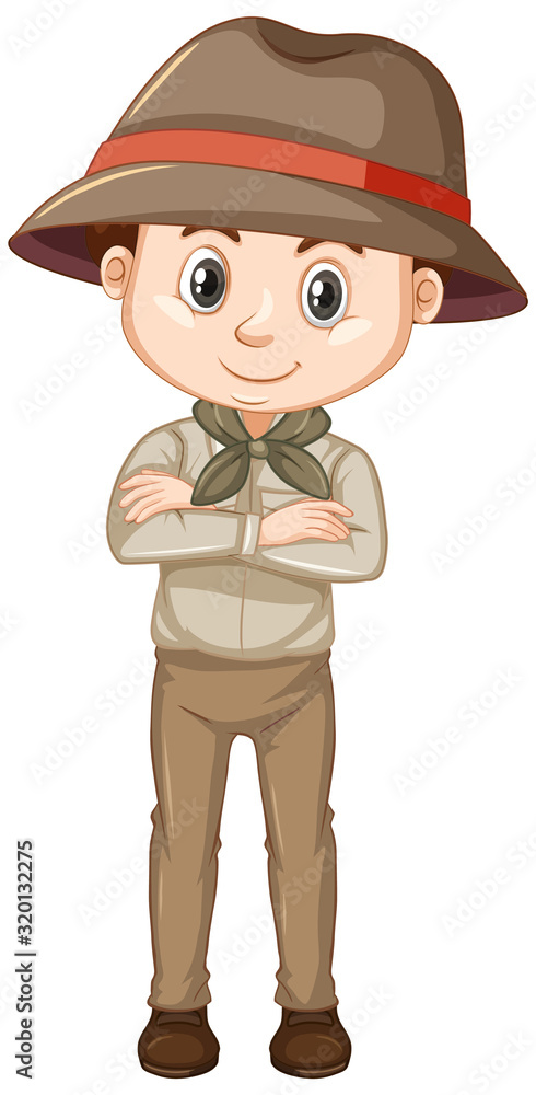 Cute boy in safari outfit on white background