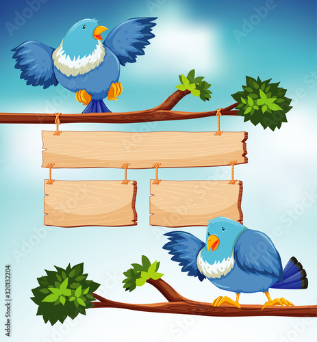 Sign template with two blue birds on the branch background