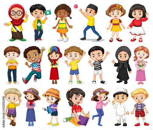 Large set of boys and girls doing different activity on white background