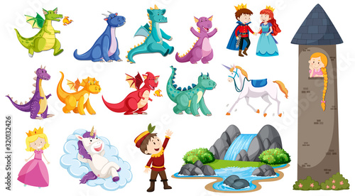 Fairtale set with dragons and princess in the tower