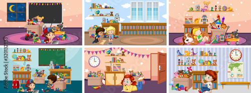 Six scenes with children doing activities in different rooms