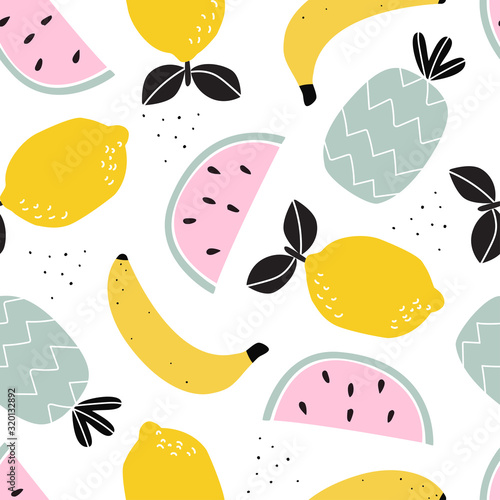 Seamless pattern with fruit lemon, pineapple, watermelon and banana on a white background. Vector illustration for printing on fabric, tableware, packaging paper, postcard, Wallpaper. 
