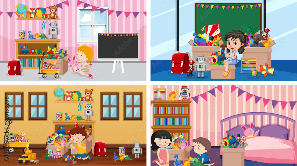 Four scenes with children playing in the rooms