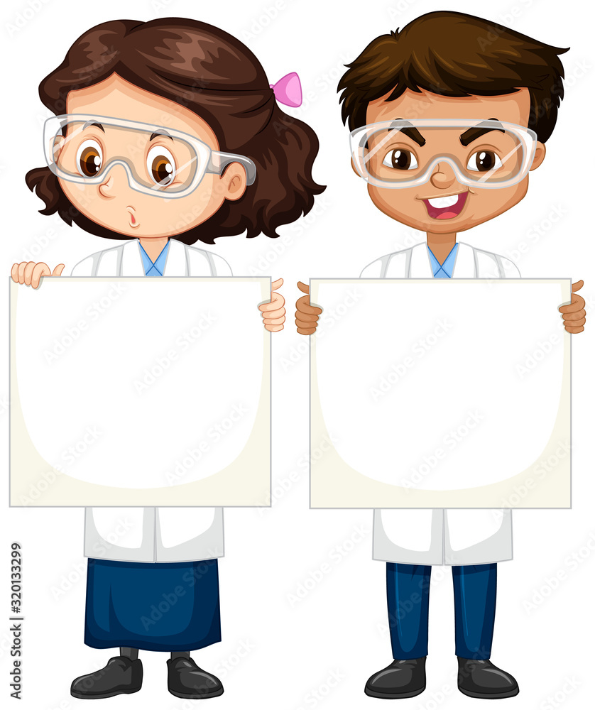 Boy and girl in science gown on isolated background Boy and girl in science gown on isolated background