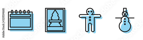 Set line Holiday gingerbread man cookie, Calendar, Christmas postcard and Christmas snowman icon. Vector