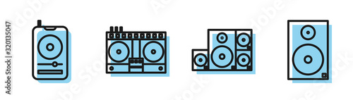 Set line Stereo speaker, Music player, DJ remote for playing and mixing music and Stereo speaker icon. Vector