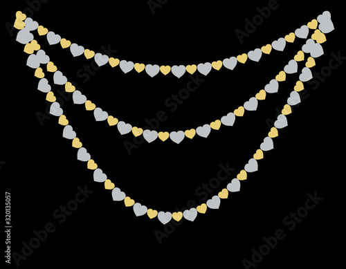 beads necklace made of silver and gold hearts on a black background with a brush for valentines day greeting, greeting card