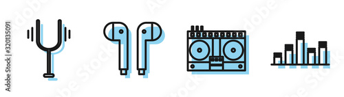 Set line DJ remote for playing and mixing music, Musical tuning fork, Air headphones and Music equalizer icon. Vector