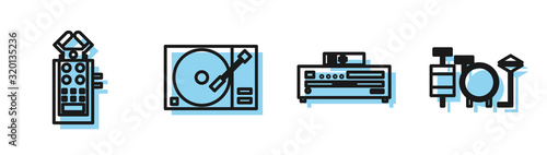 Set line Music CD player, Microphone, Vinyl player with a vinyl disk and Drums icon. Vector