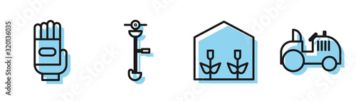 Set line Home greenhouse and plants, Garden gloves, Grass and weed electric string trimmer and Tractor icon. Vector
