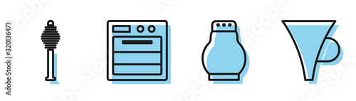 Set line Salt and pepper, Honey dipper stick, Oven and Funnel or filter icon. Vector