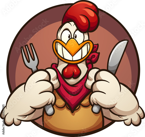 Hungry chicken holding a fork and knife coming out of a circular hole. Vector cartoon clip art illustration with simple gradients.All on a single layer.