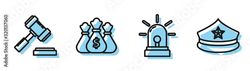 Set line Flasher siren, Judge gavel, Money bag and Police cap with cockade icon. Vector