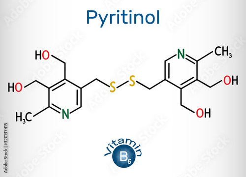 Pyritinol molecule, is a vitamin B6. Structural chemical formula and molecule model