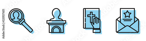 Set line Oath on the Holy Bible, Magnifying glass for search, Stage stand or debate podium rostrum and The arrest warrant icon. Vector