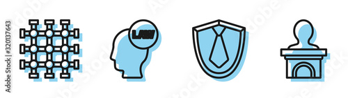 Set line Tie, Prison window, Head with law and Stage stand or debate podium rostrum icon. Vector