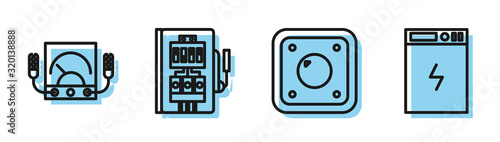 Set line Electric light switch, Ampere meter, multimeter, voltmeter, Electrical panel and Power bank icon. Vector